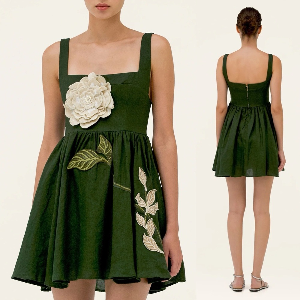 Agua by Agua Bendita Hierbabuena Gardenia Embroidered Mini Dress Forest Green - Picture 2 of 11